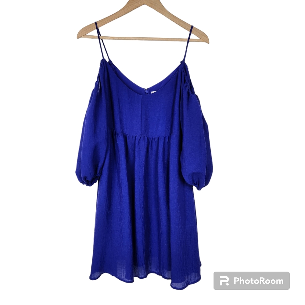 Moulinette Souers Anthropologie Royal Blue Open Shoulder Dress Sz L Petite